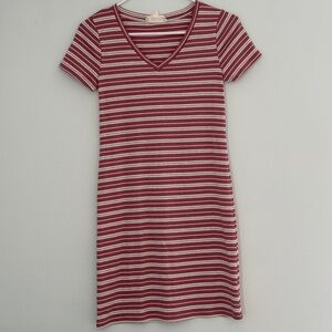 Pink White and Green Striped V-Neck Dress